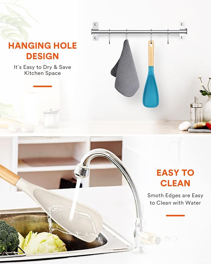 Cooking Spoon for Nonstick Cookwares, Great for Cooking and Serving Sturdy BPA-Free Matte Silicone, Wood Handle Spoon for Mixing, Scoop, and Scrape (Khaki & Turquoise, 11.4 inch)-Ruum Studio Home
