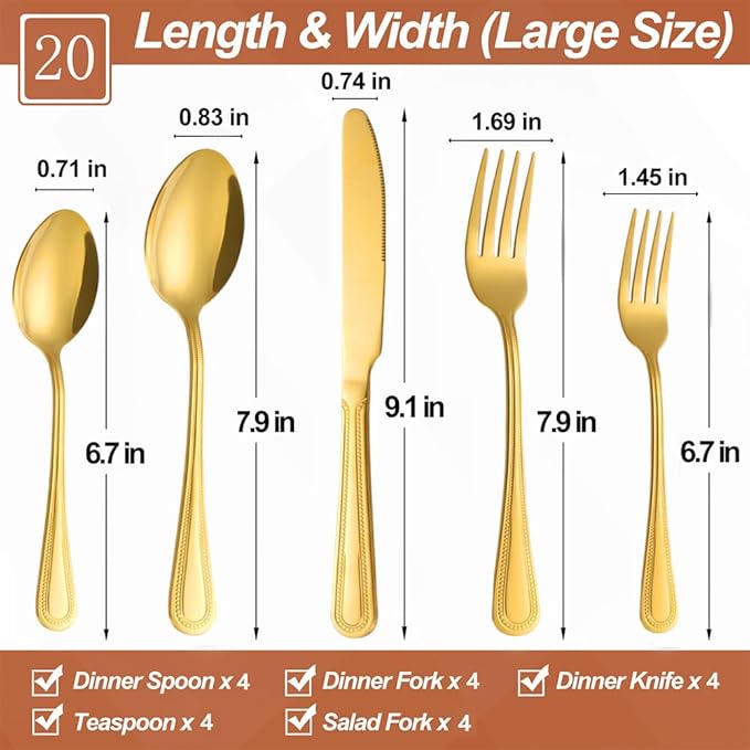 20 Pcs Gold Silverware Set for 4 with Pearled Edge Handle design, Food Grade Stainless Steel Flatware Set, Eating Utensils Sets Include Fork/Knife/Spoon, Reusable Cutlery Set, Dishwasher Safe-Ruum Studio Home