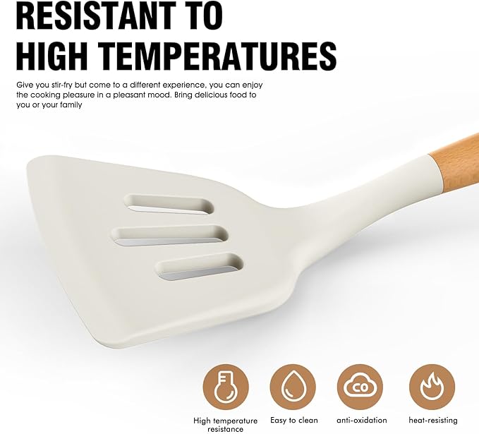 Silicone Cooking Utensils Set - Silicone Kitchen Utensils for Cooking Wooden Handles, 446°F Heat Resistant Kitchen Utensil Spatula Sets w Holder, Gadgets for Non-Stick Cookware BPA FREE (Cream White)-Ruum Studio Home