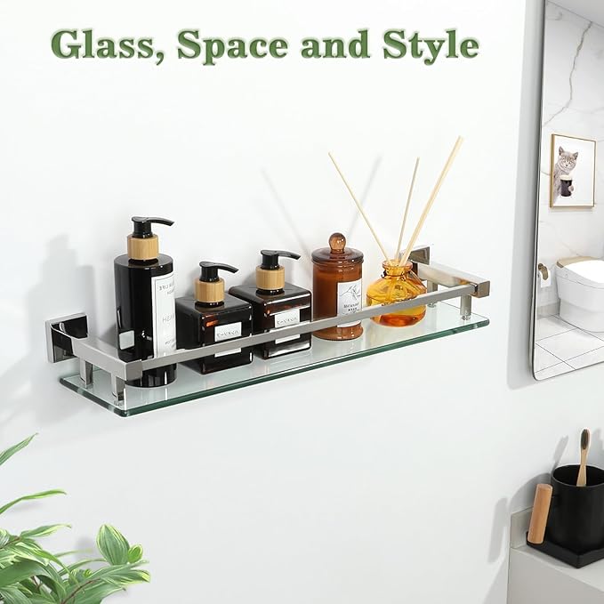 Alise Bathroom Shelves, Polished Chrome Glass Shelf for Bathroom, Modern Floating Shelves, 20 inch-Ruum Studio Home