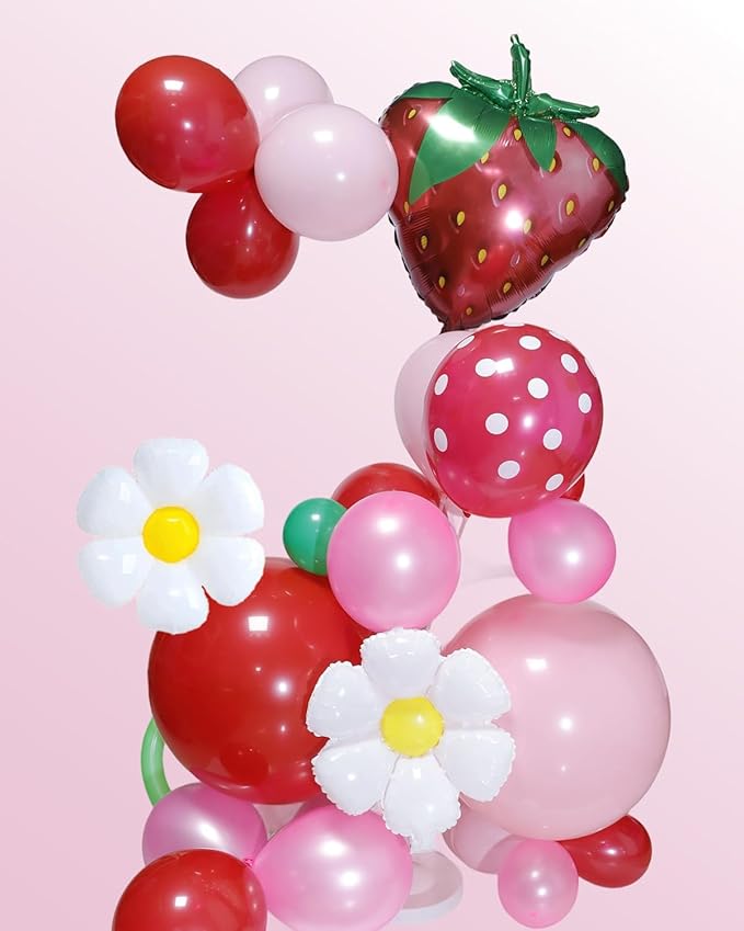 Strawberry Balloons Arch Garland Kit, 135PCS Red and Pink Balloons with Strawberry Daisy Foil Balloons for Sweet Girl Berry First Birthday Decor Baby Shower Themed Party Decorations-Ruum Studio Home