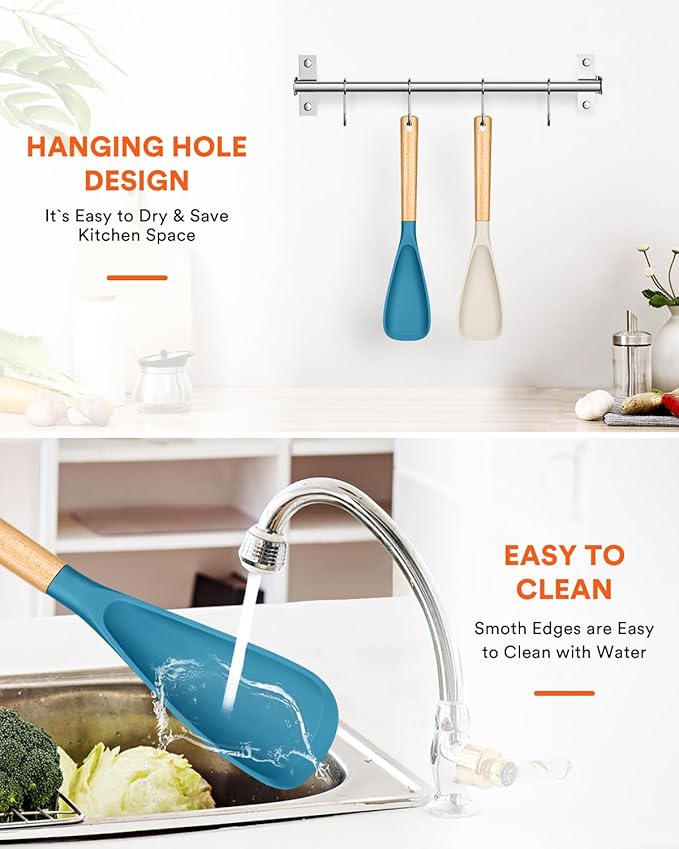 Cooking Spoon for Nonstick Cookwares, Great for Cooking and Serving Sturdy BPA-Free Matte Silicone, Wood Handle Spoon for Mixing, Scoop, and Scrape (Khaki & Turquoise, 13.4 inch)-Ruum Studio Home
