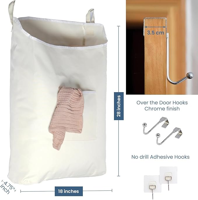 The Fine Living Co. Hanging Laundry Hamper with Over Door Hooks & Adhesive, Durable Space Saving Laundry Bag with Zipper and Wide Open Top, Hanging Dorm Laundry Hamper 18"x4.75"x28" (Beige-L)-Ruum Studio Home