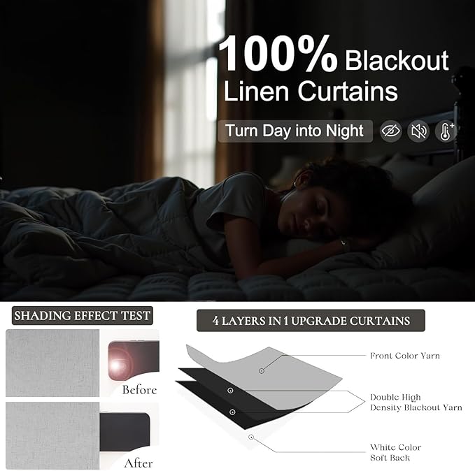 Light Gray Blackout Linen Curtains 108 Inches Long 2 Panel for Sliding Glass Door Puddle Length Floor to Ceiling Drape Lightweight Thermal Black Out Curtain for Bedroom Living Room Heather Grey Silver