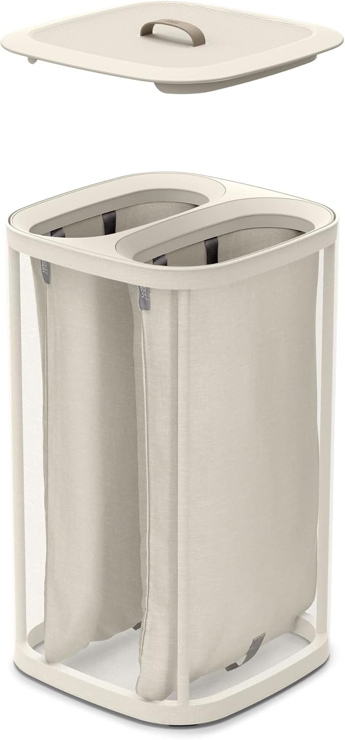 Joseph Joseph Tota 60 liter/15.8 gallon Laundry Hamper Separation Basket with lid, 2 Removable Washing Bags with Handles- Ecru-Ruum Studio Home