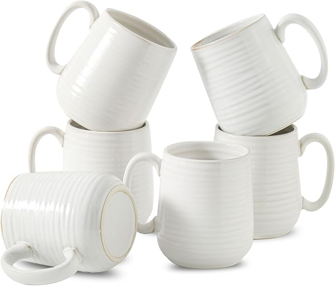 Hasense Coffee Mugs Set of 6, Ceramic Coffee Cups with Handle for Home Office, 12 Ounce Tea Cup for Coffee, Latte, Hot Cocoa, Dishwasher and Microwave Safe, Clay-Infused White-Ruum Studio Home