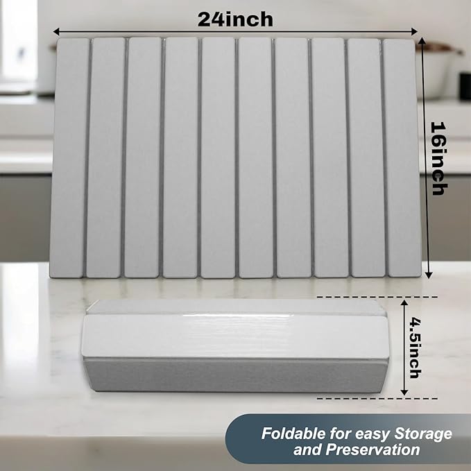 Large Stone Dish Drying Mats for Kitchen Counter, Quick Dry Absorbent Collapsible Dish Drying Mat,Diatomaceous Earth Mats for Dishes Bottles Cups,Match Any Countertop,Grey 24 * 16inch-Ruum Studio Home
