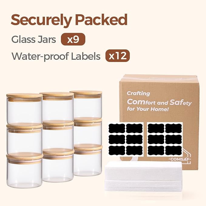 ComSaf 0.5 Qt Glass Food Storage Jars Set of 9, Clear Glass Storage Containers with Lids, Pantry Organization Jar, Spice, Salt, Blooming Tea, Coffee, Oat and Sugar Container, Small jar Set for Kitchen-Ruum Studio Home
