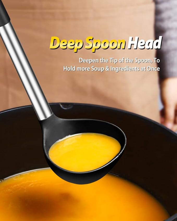 Silicone Pasta Fork and Ladle Spoon Set, Large Non Stick Kitchen Utensils for Cooking,Stirring,Serving Spaghetti, Soup, Sauce (BLACK)-Ruum Studio Home