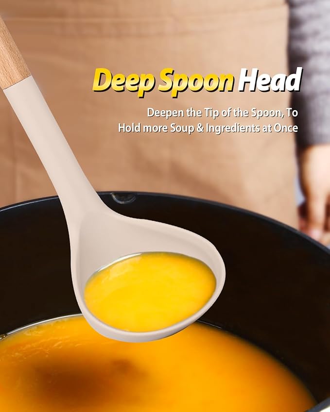 Silicone Pasta Fork and Ladle Spoon Set with Wooden Handle, Heat Resistant Non Stick Kitchen Utensils for Cooking, Stirring, Serving Spaghetti, Soup, Sauce(KHAKI)-Ruum Studio Home