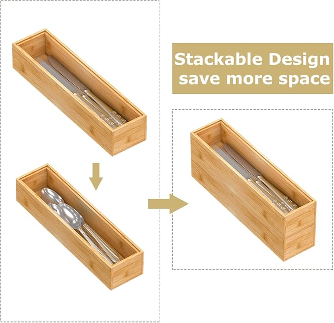 Bamboo Kitchen Drawer Organizer, Stackable Silverware Tray Utensil Organizer Cutlery Holder for Kitchen,Wooden Storage Box for Bathroom, Multi-Use Storage Bins Dividers for Office(12x3x2.5 inch)-Ruum Studio Home