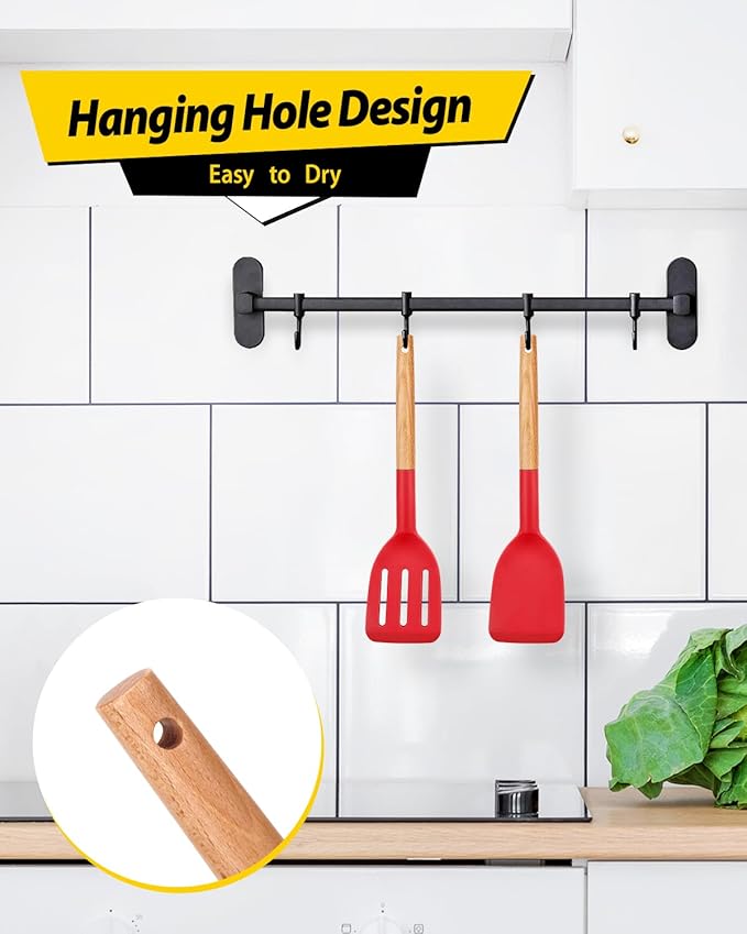 Pack of 2 Silicone Cooking Spatula, Heat Resistant Solid Turner, Non Stick Slotted Spatulas with Wooden Handle,Ideal Wood Kitchen Utensils Set for Frying, Baking, Flipping, Turning (RED)-Ruum Studio Home
