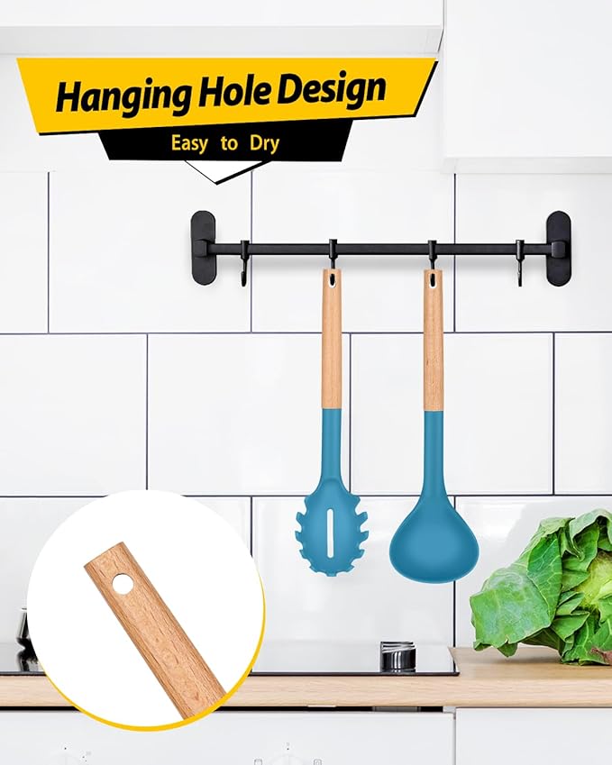 Silicone Pasta Fork and Ladle Spoon Set with Wooden Handle, Heat Resistant Non Stick Kitchen Utensils for Cooking, Stirring, Serving Spaghetti, Soup, Sauce(BLUE)-Ruum Studio Home