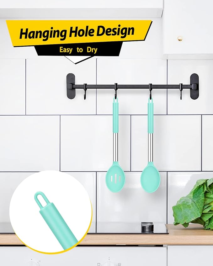 Pack of 2 Large Silicone Cooking Spoons,Non Stick Solid Basting Spoon,Heat-Resistant Kitchen Utensils for Mixing,Serving,Draining,Stirring (GREEN)-Ruum Studio Home
