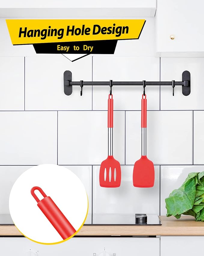 Pack of 2 Silicone Solid Turner, Non Stick Slotted Kitchen Spatulas, High Heat Resistant BPA Free Cooking Utensils, Ideal Cookware for Fish, Eggs, Pancakes(Red)-Ruum Studio Home