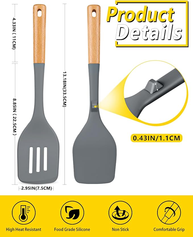Pack of 2 Large Silicone Spatula, Heat Resistant Solid Turner, Non Stick Slotted Spatulas with Wooden Handle, Ideal Kitchen Utensils for Flipping, Pancakes, Eggs, Fish(GRAY)-Ruum Studio Home
