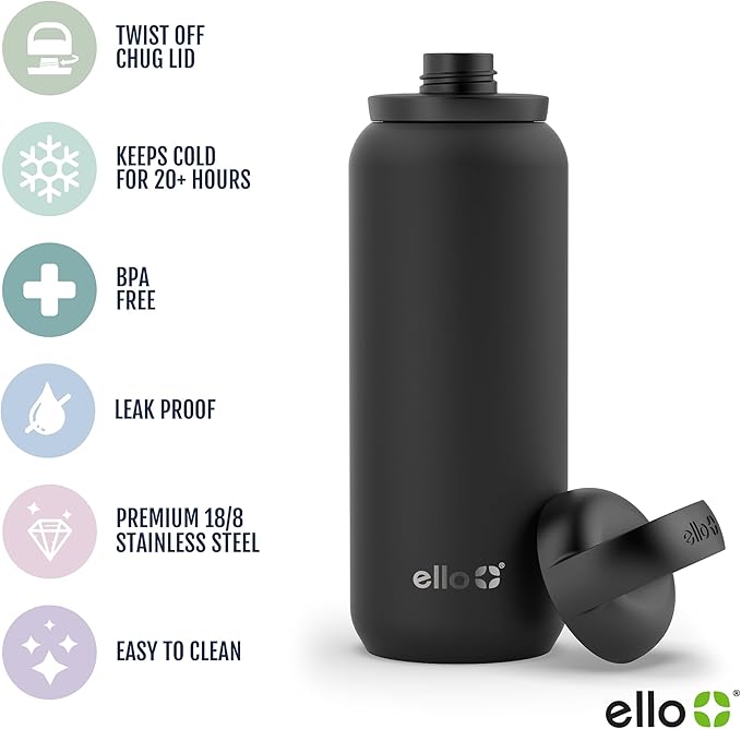 Ello Cooper Twist 22oz Stainless Steel Water Bottle with Chug Lid | Leak Proof Double Walled and Vacuum Insulated | Fits Car Cupholder | Built in Carry Loop | Dishwasher Safe | Gray