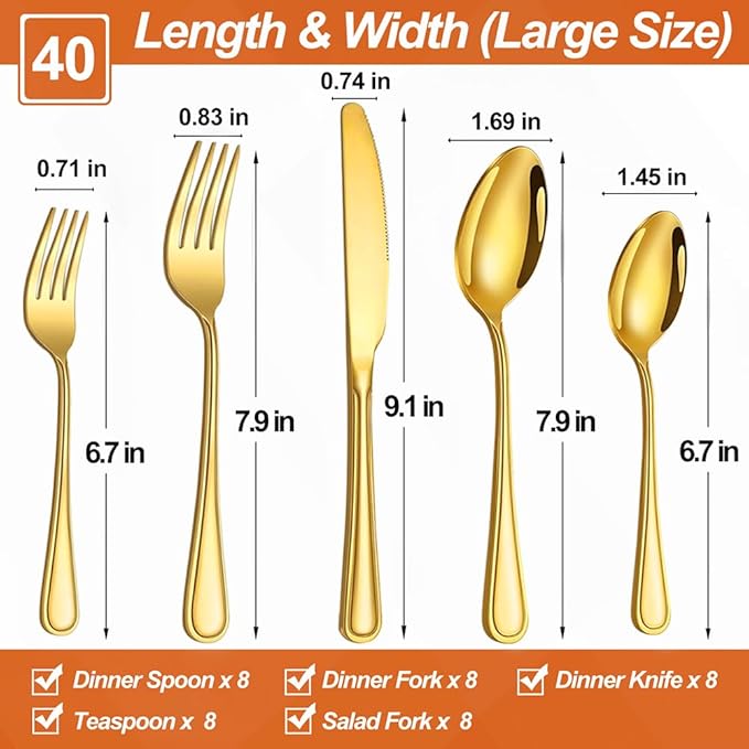 40 Pcs Gold Silverware Set for 8 with Simple Striped Handle Design, Food Grade Stainless Steel Flatware Set, Eating Utensils Sets Include Fork/Knife/Spoon, Cutlery Set, Dishwasher Safe-Ruum Studio Home