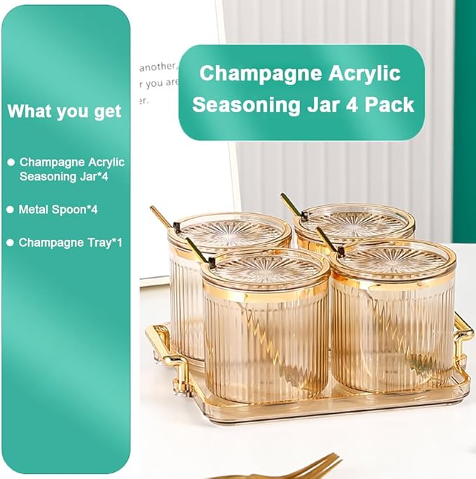 Acrylic Condiment Spice Jars,Condiment Spice Box With Lids and Spoons and Tray,Clear Plastic Condiment Canisters,Seasoning Box 4 Pack,Seasoning Box Set for Kitchen to Storage Salt,Paprika,Sugar-Ruum Studio Home