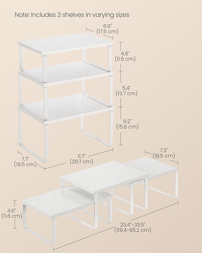 SONGMICS Cabinet Organizer Shelf, Set of 3 Kitchen Counter Shelves, Kitchen Storage, Spice Rack, Stackable, Expandable, Snow White and Matte White UKCS220W01-Ruum Studio Home