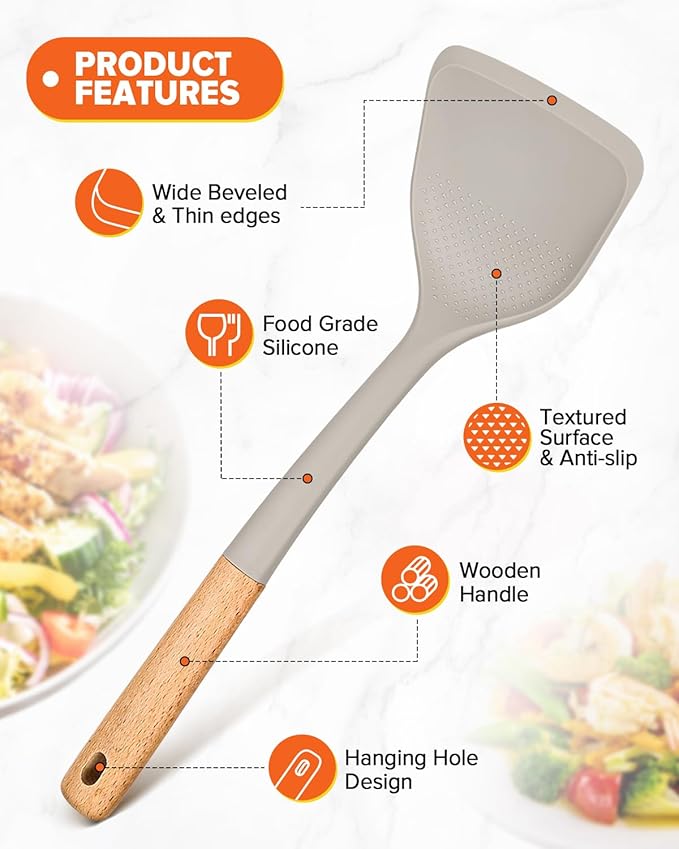 Silicone Cooking Utensils Set, Perfectly Angled for Frying, Mixing,Serving,Draining,Turning and Stirring, BPA-Free Matte Silicone, Wood Handles, Safe for Nonstick Cooking Surfaces,4 Pack (Khaki)-Ruum Studio Home
