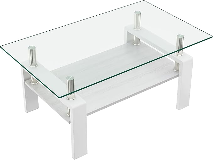 Glass Coffee Table Rectangle Living Room Center Table, with Transparent Tempered Glass Tabletop and White MDF Layer,for Living Room and Office, Transparent +White-Ruum Studio Home
