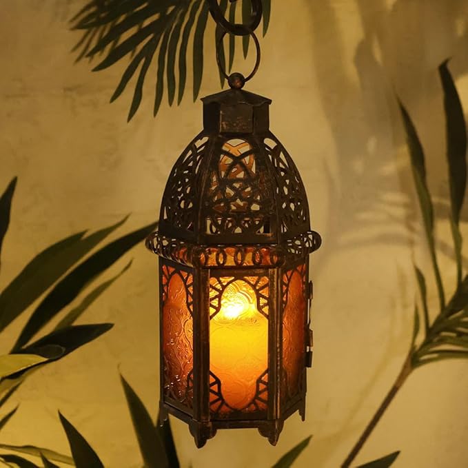NEEDOMO 12.8'' Moroccan Lanterns Decorative Indoor & Outdoor, Vintage Christmas Candle Holder, Metal Lanterns Decorative, Table, Patio, Porch, Shelf, Christmas Spring Halloween Home Decor (Amber)-Ruum Studio Home