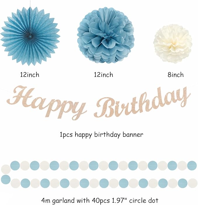 Dusty-Blue White Birthday Party-Decorations Paper-Flowers - 14pcs Happy Banner Boy Lanterns Tissue Pom Poms,Men Streamers Garland Fans Honeycomb,Baby Teen Male Kids Hanging Supplies Decor Hugfond-Ruum Studio Home