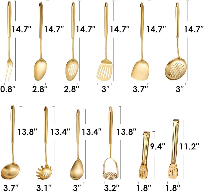 Gold Kitchen Utensils Set, 12 PCS Brass Matte Serving Utensils, 18/10 Stainless Steel All Metal Cooking Tools - Potato Masher, Tongs, Meat Fork, Spatula, Turner, Ladle, Skimmer, Spaghetti Spoon Set-Ruum Studio Home