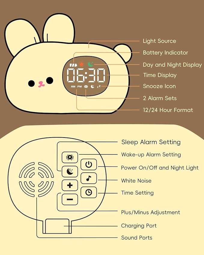 Bunny Alarm Clock for Kids with Night Light, Sleep Training Clock Time to Wake Clock, Rechargeable Silicone Light for Bedroom, Perfect Sleep Companion for Boys Girls-Ruum Studio Home