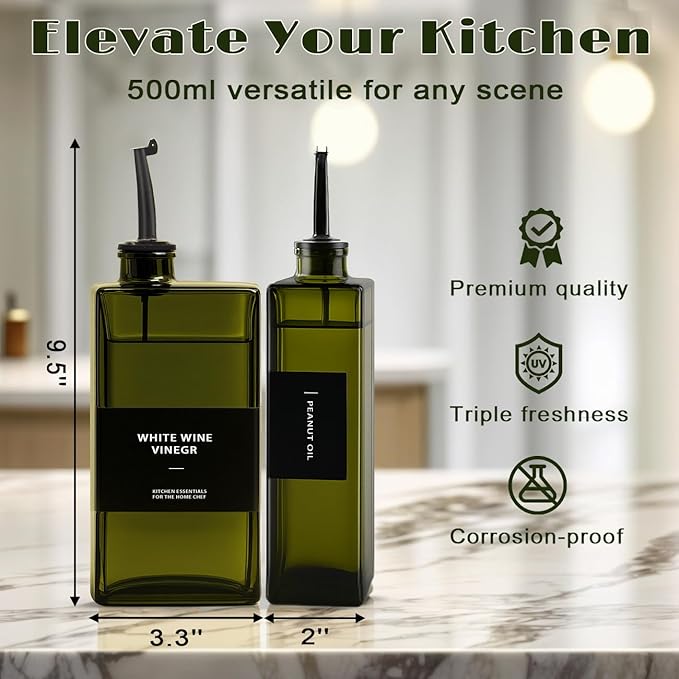 Olive Oil Dispenser Bottle for Kitchen- 16.9oz Oil Bottles UV Protection, Oil and Vinegar Dispenser Set, Drip-Free Pourer, Elegant Kitchen Essential- 16.9oz, Set of 2-Ruum Studio Home
