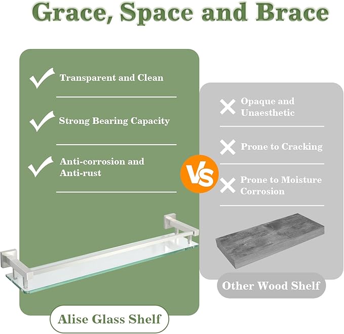 Alise Bathroom Shelf Wall Mounted, Brushed Nickel Large Capacity Glass Shelf for Bathroom, 24 inch-Ruum Studio Home