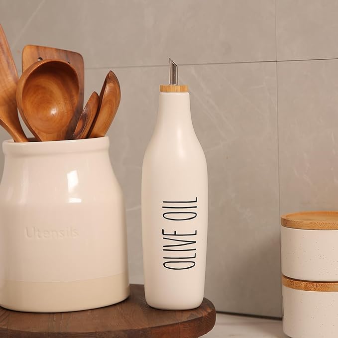 HOMCDALY Ceramic Olive Oil Dispenser for Kitchen, Stoneware 16oz Oil Cruet and Vinegar Bottles Dispenser, Kitchen Dispenser Bottle for EVOO Vinegar Syrups, Modern Farmhouse Design(W-O)-Ruum Studio Home