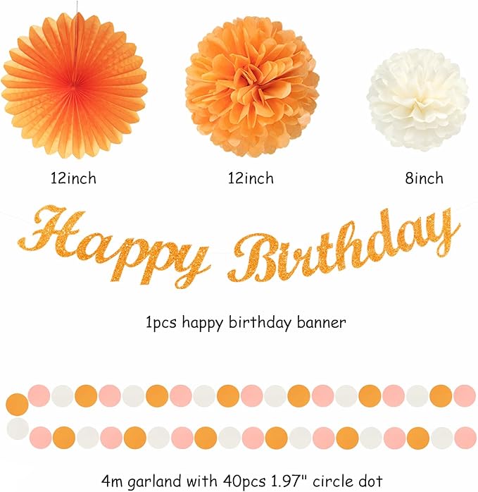 Orange Hippie Birthday Party-Decorations Paper-Flowers - 14pcs Happy Banner Fall Honeycomb Tissue Pom Poms,Boho Streamers Garland Fans,Sweet Peach Groovy Sunset Groovy Hanging Supplies Decor Hugfond-Ruum Studio Home
