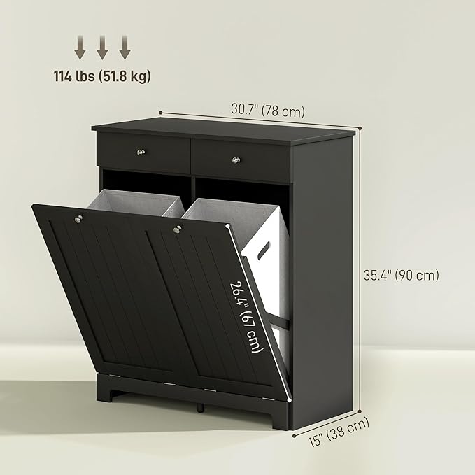 HOMCOM Laundry Hamper Cabinet with 2 Removable Baskets, Tilt Out Laundry Hamper Cabinet with 2 Drawers and 2 Beadboard Doors, Laundry Cabinet Bathroom Storage Cabinet, Black-Ruum Studio Home