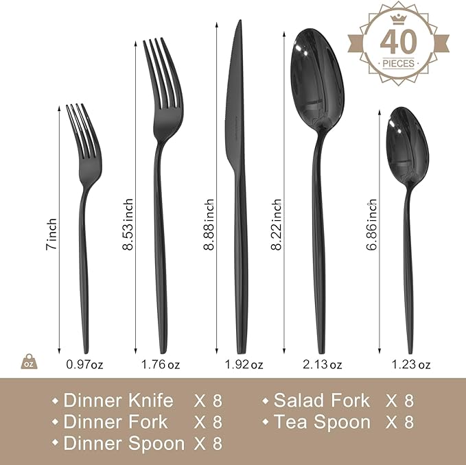 KINGSTONE Silverware Set, 40-Piece Flatware Set Cutlery Set Premium 18/10 Stainless Steel, Tableware Include Forks Knives Spoons for Home Kitchen Restaurant Wedding, Dishwasher Safe,Black-Ruum Studio Home