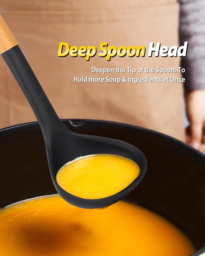 Silicone Pasta Fork and Ladle Spoon Set with Wooden Handle, Heat Resistant Non Stick Kitchen Utensils for Cooking, Stirring, Serving Spaghetti, Soup, Sauce(BLACK)-Ruum Studio Home