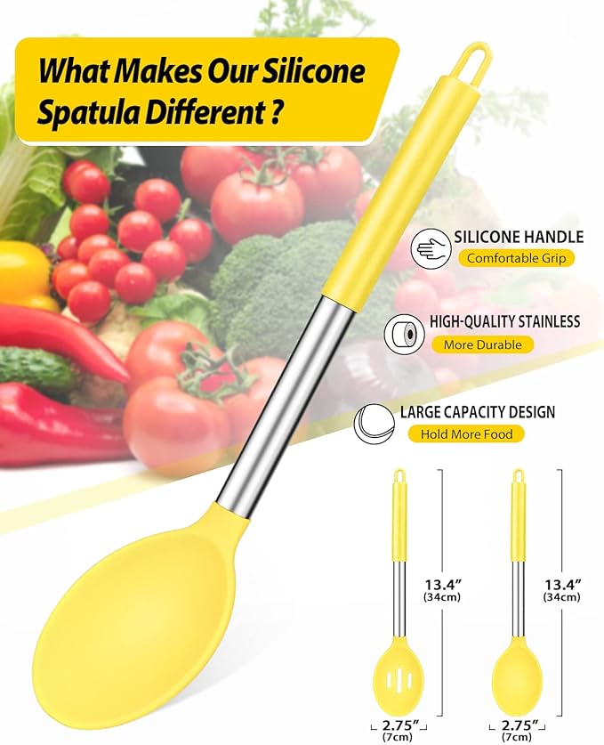 Pack of 2 Large Silicone Cooking Spoons,Non Stick Solid Basting Spoon,Heat-Resistant Kitchen Utensils for Mixing,Serving,Draining,Stirring (YELLOW)-Ruum Studio Home