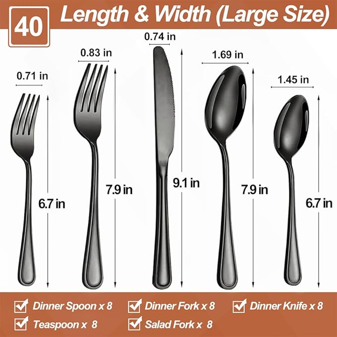 40 Pcs Black Silverware Set for 8 with Simple Striped Handle Design, Food Grade Stainless Steel Flatware Set, Eating Utensils Sets Include Fork/Knife/Spoon, Cutlery Set, Dishwasher Safe-Ruum Studio Home