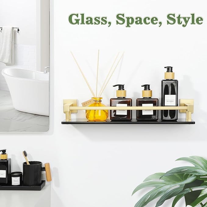 Alise Bathroom Glass Shelf with Stainless Steel Railing, Gold Small Tempered Glass Floating Wall Shelf Over The Toilet, 16 inch-Ruum Studio Home
