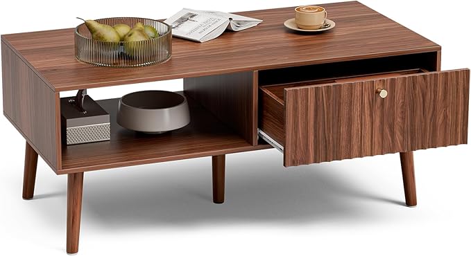 Coffee Table with Storage, Mid Century Dining Table with Fluted Drawer and Solid Wood Legs, Small Coffee Tables for Living Room, Walnut-Ruum Studio Home
