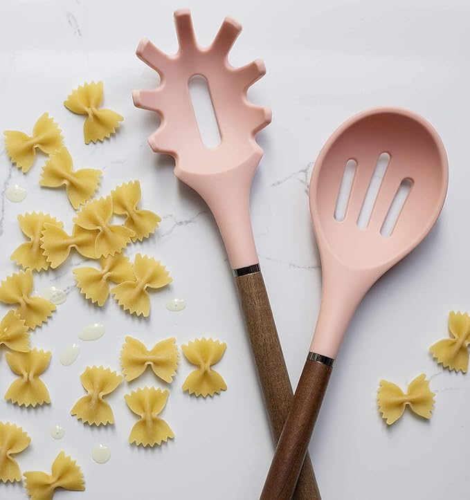 Country Kitchen Non Stick Silicone Utensil Set with Rounded Wood Handles for Cooking and Baking, 8 Piece Set, Pink-Ruum Studio Home