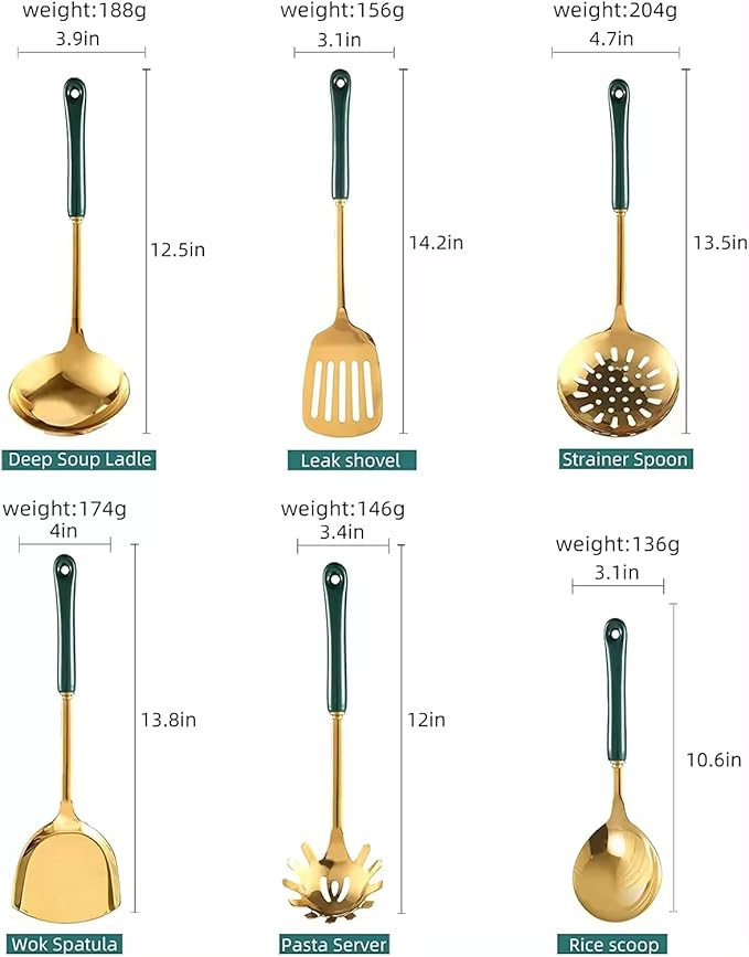 Generic Stainless Steel Kitchen Utensil Set, Spoon, Spatula, Pasta Server, Small Spatula (Black & Gold)-Ruum Studio Home