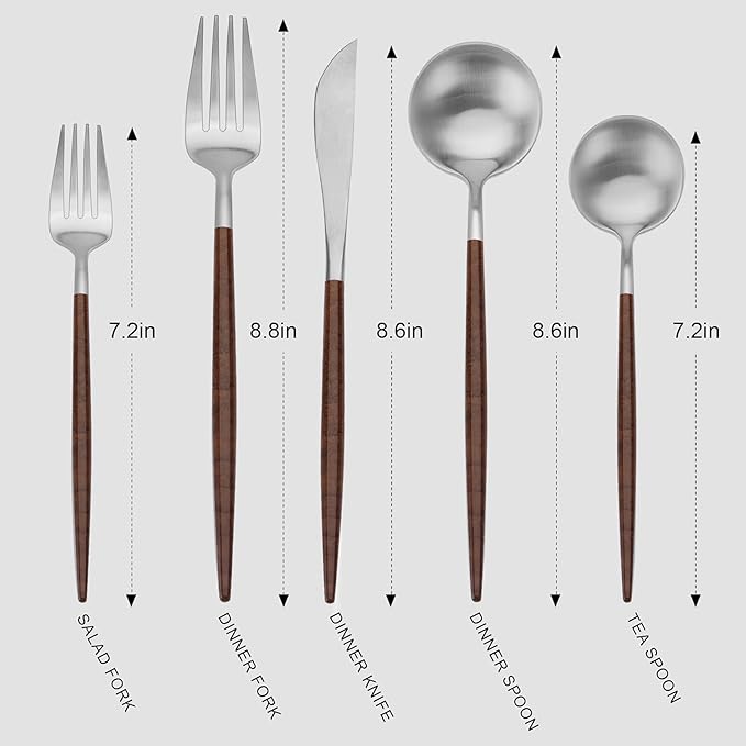 Matte Silver Silverware Set With Brown Handle, Vanys 20 Piece Stainless Steel Cutlery Flatware Set, Kitchen Utensil Sets for 4, Tableware With Knife Spoons And Forks Set, Satin Finished Polished-Ruum Studio Home