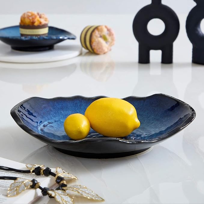 Ceramic Decorative Dish, Large Blue Pottery Decorative Bowl, Porcelain Centerpiece Tray, Key Bowl, Gift Decor Tray for Tabletop Entryway Table Living Room Dining(12'' Dish)-Ruum Studio Home