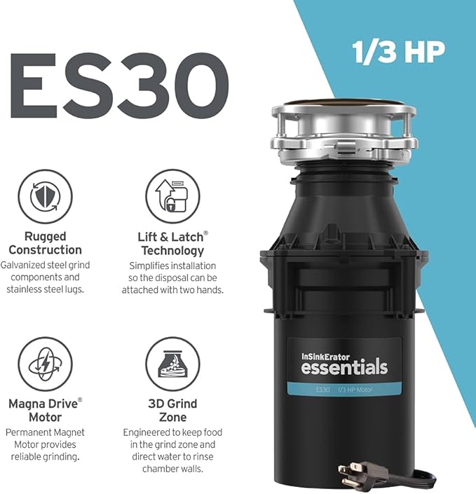 InSinkErator ES30 W/C 1/3 HP Motor Continuous Feed Kitchen Garbage Disposal with Power Cord-Ruum Studio Home