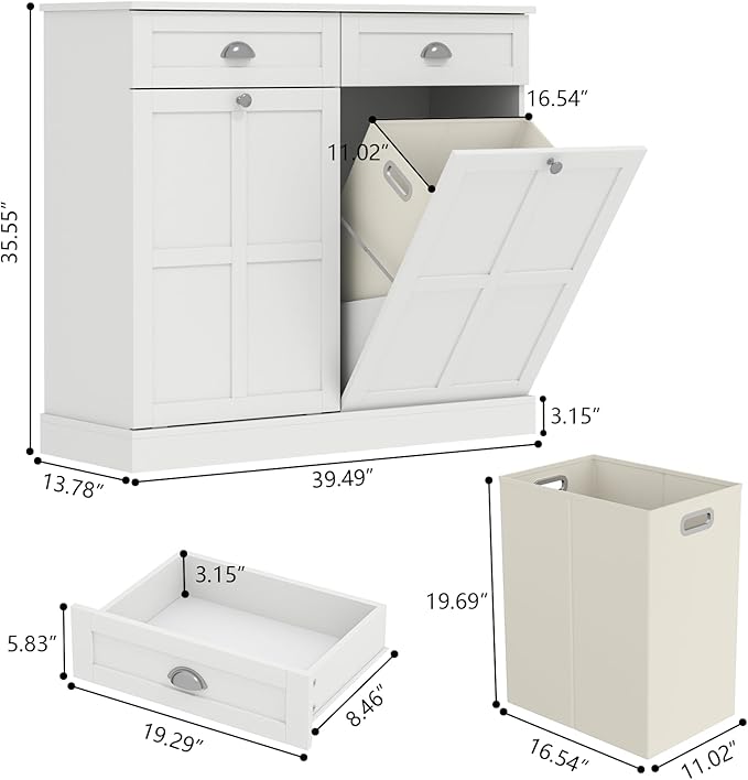Loomie Double Tilt Out Laundry Hamper Cabinet, Hidden Laundry Cabinet with 2 Drawers & 2 Baskets, 30 Gallon Trash Can for Bathroom, Kitchen, White-Ruum Studio Home