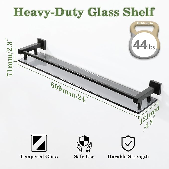 Alise Bathroom Shelf Wall Mounted, Matte Black Large Capacity Glass Shelf for Bathroom, 24 inch-Ruum Studio Home