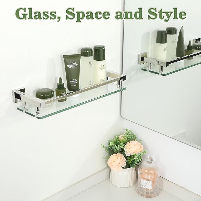 Alise Bathroom Glass Shelf with Stainless Steel Railing, Polished Chrome Small Tempered Glass Floating Wall Shelf Over The Toilet, 16 inch-Ruum Studio Home