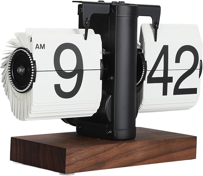 Flip Desk Clock, Retro Vintage Flip Desk Table Clock, Digital Sided Large Numbers Mechanical Flip Clock Wood Base for Living Room, Study Room and Office(Black)